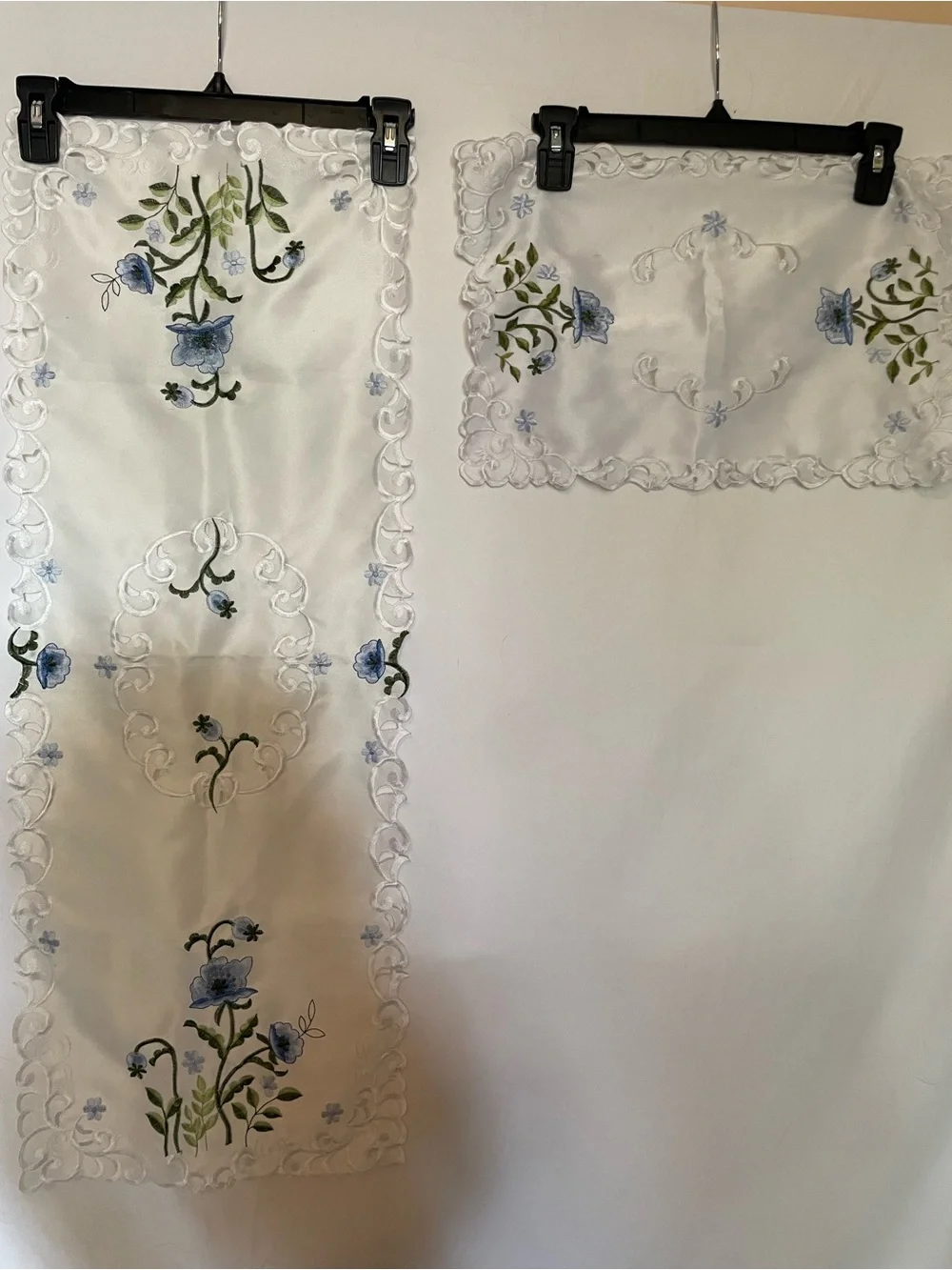 Embroidered Blue Floral Linen Runner & Doily Set